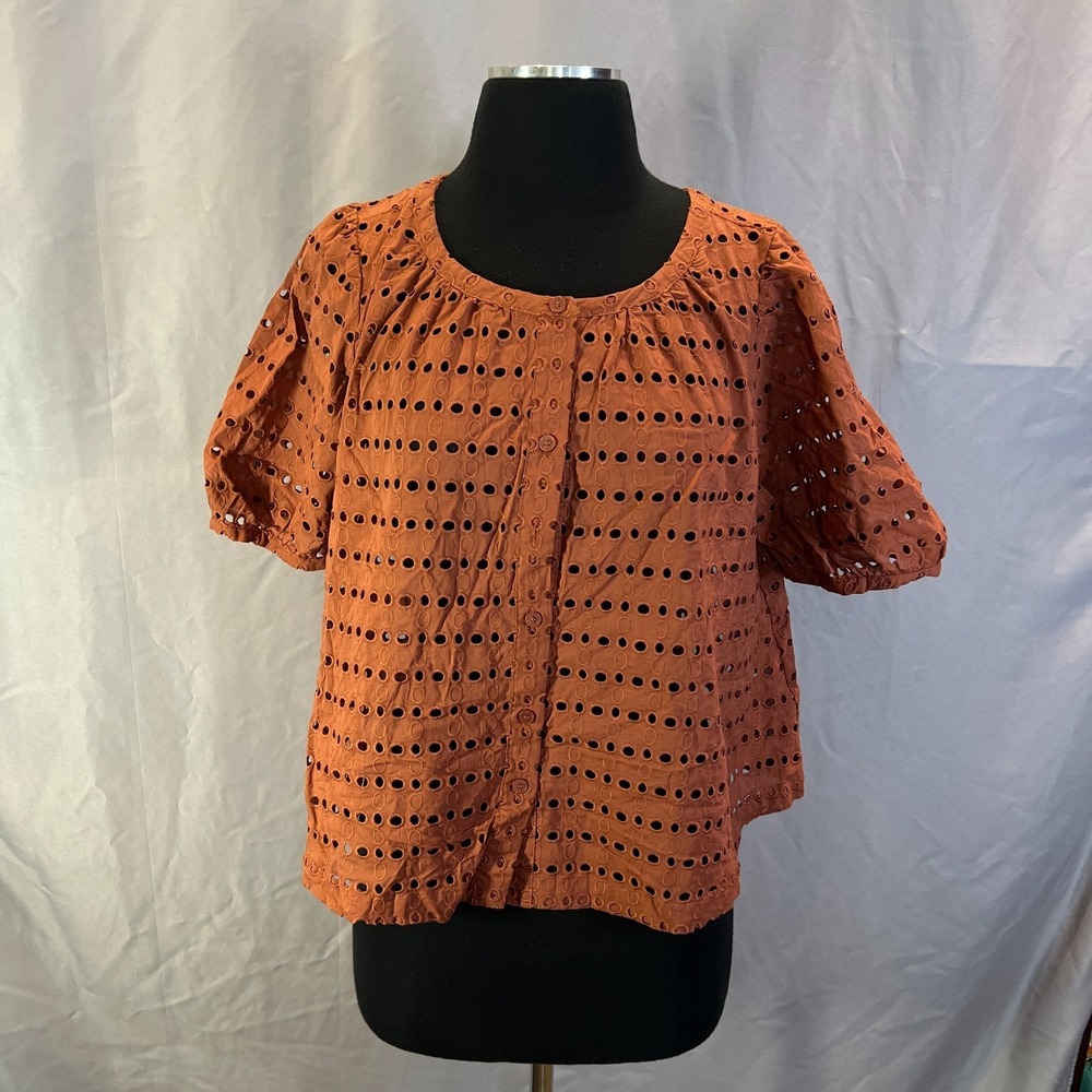 Loft Eyelet Bubble Sleeve Blouse Top Womens Small Brown Cotton Button Front